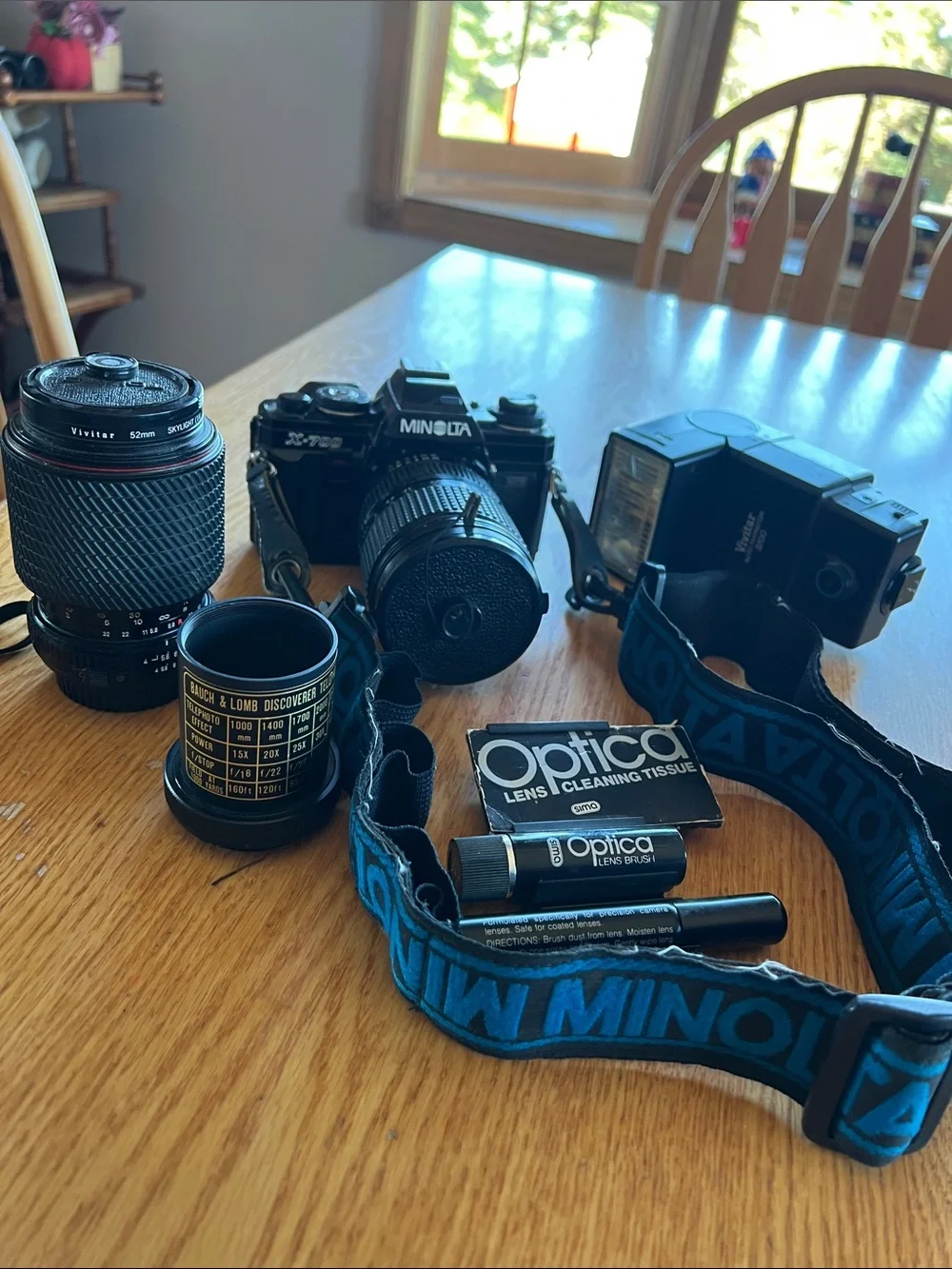 Minolta X-700 Film Camera with Black/Blue Strap, lens, adapter, auto thyristor